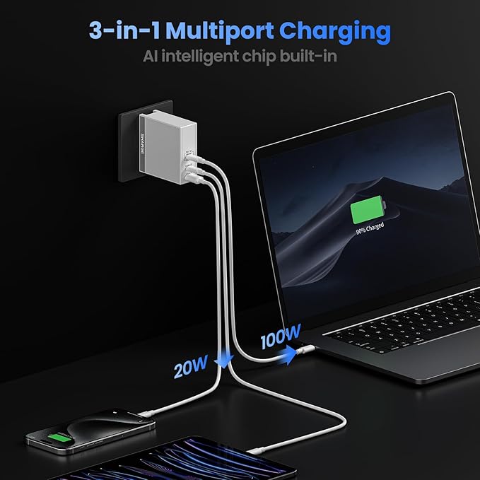 USB C Charger for Laptops 140W GaN Fast Charger with USB C and USB A, PD3.1 Power Adapter Compatible for MacBook Chromebook Surface iPhone 16/15 iPad PC Tablets (Cable Not Included)