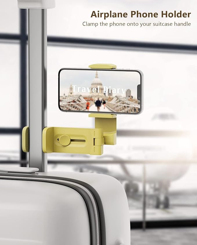 MiiKARE Airplane Travel Essentials Phone Holder, Universal Handsfree Phone Mount for Flying with 360 Degree Rotation, Accessory for Airplane, Travel Must Haves Phone Stand for Desk, Yellow