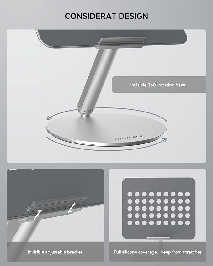 LULULOOK Laptop Stand for Desk 2025, 360 Rotating Adjustable Laptop Riser, Upgraded Foldable Full Aluminum Alloy Computer Stand for MacBook Pro/Air, Dell, HP, Lenovo and Other 10-17inch Laptops