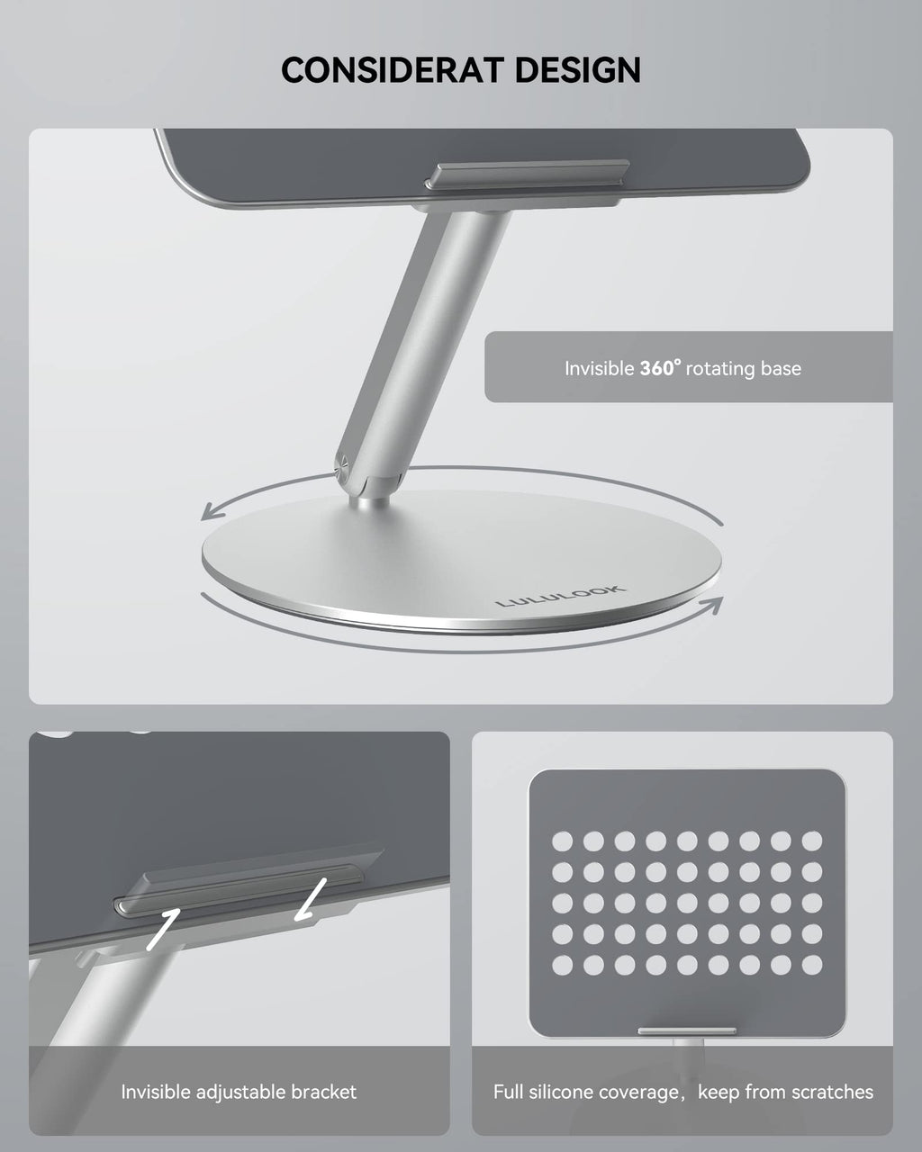 LULULOOK Laptop Stand for Desk 2025, 360 Rotating Adjustable Laptop Riser, Upgraded Foldable Full Aluminum Alloy Computer Stand for MacBook Pro/Air, Dell, HP, Lenovo and Other 10-17inch Laptops