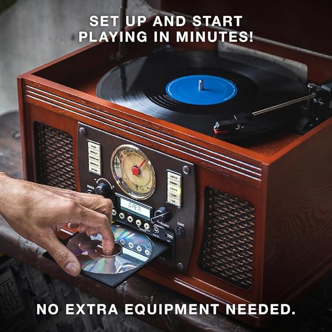 Victrola Navigator 8-in-1 Bluetooth Record Player with Built-in Speakers – 3 Speed Turntable, CD Player, Cassette, FM Radio, USB, RCA Out, Headphone Jack, Wireless Music Streaming, Real Wood (Black)