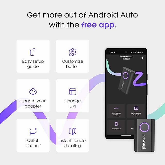 AAWireless Two - Android Auto Wireless Adapter - Convert Factory Wired Android Auto to Wireless - Multifunctional Button - Easy Plug and Play Setup - Seamlessly Connect Via Bluetooth - Made in Europe