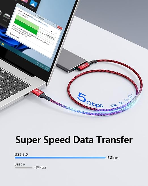 SUNGUY USB C Cable Right Angle 10FT, 5Gbps USB 3.0 to USB C Data Cable Compatible with iPhone 16/15 Series, Android Auto, Samsung Galaxy S24/S23, SSD, Huawei P30/P20, i-Pad Pro-Red
