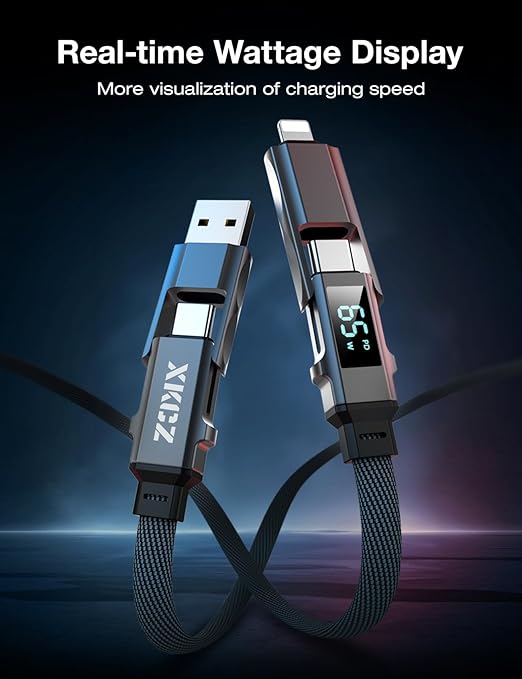 4 in 1 USB C Cable with Wattage Display, 65W Flat Nylon Braided Multi Charge Cable with Data Sync, USB C Charging Cord Combo Type C/USB A/L Port for iPhone/iPad/Samsung/Laptop, 3FT