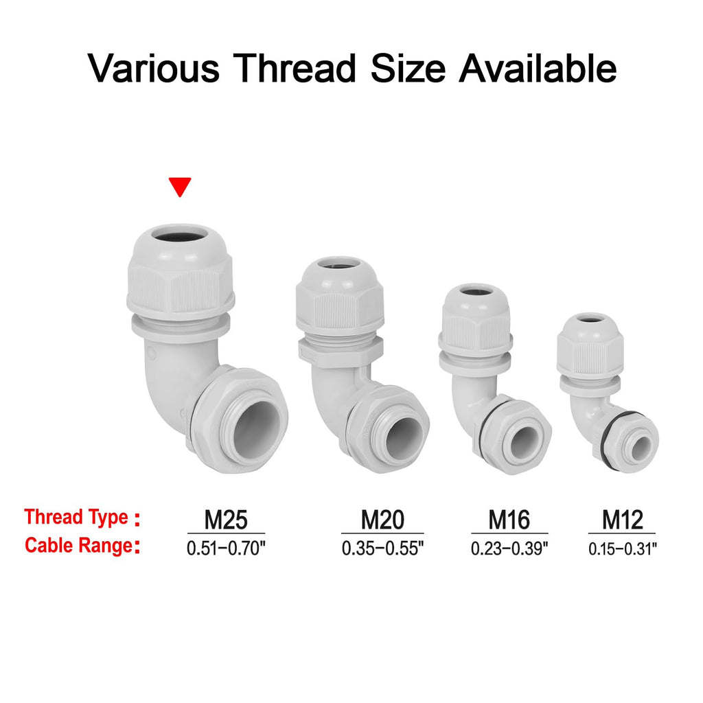 LeMotech M25 Cable Gland, 90 Degree Adjustable 13-18mm Strain Relief, Cord Connectors Nylon Joints with Gaskets, 2 Pcs, Grey