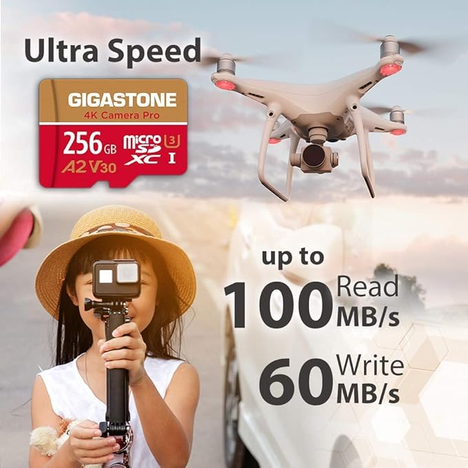[5-Yrs Free Data Recovery] GIGASTONE 256GB Micro SD Card, 4K Camera Pro, A2 V30 for Smartphone, Gopro, Action Cams, 4K UHD Video, Nintendo-Switch Compatible, Up to 100MB/s, UHS-I U3 C10 with Adapter