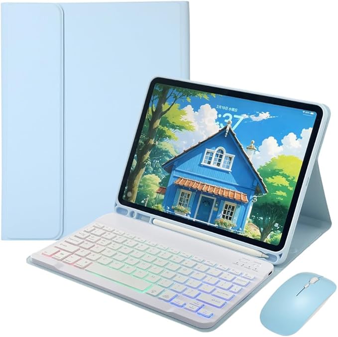 for iPad mini 5th Generation/iPad mini 4 Keyboard Case with Mouse and Rainbow Backlit Detachable Bluetooth Keyboard Cover,Light Llue