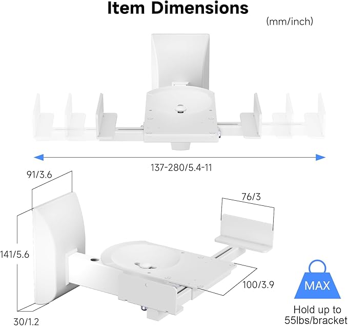 suptek Dual Side Clamping Bookshelf Speaker Wall Mounting Bracket for Large Surrounding Sound Speakers, Hold Up to 55 lbs, White (SPM201W)