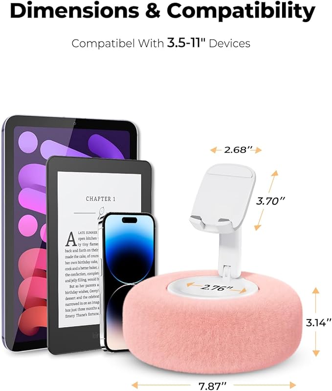 Phone Stand with Pillow, Adjustable iPhone Stand with Anti-Slip Strips, Fuzzy Tablet Holder– Compatible with 4"-7" Devices, Including iPhone, iPad, Kindle, and Android (Pink)