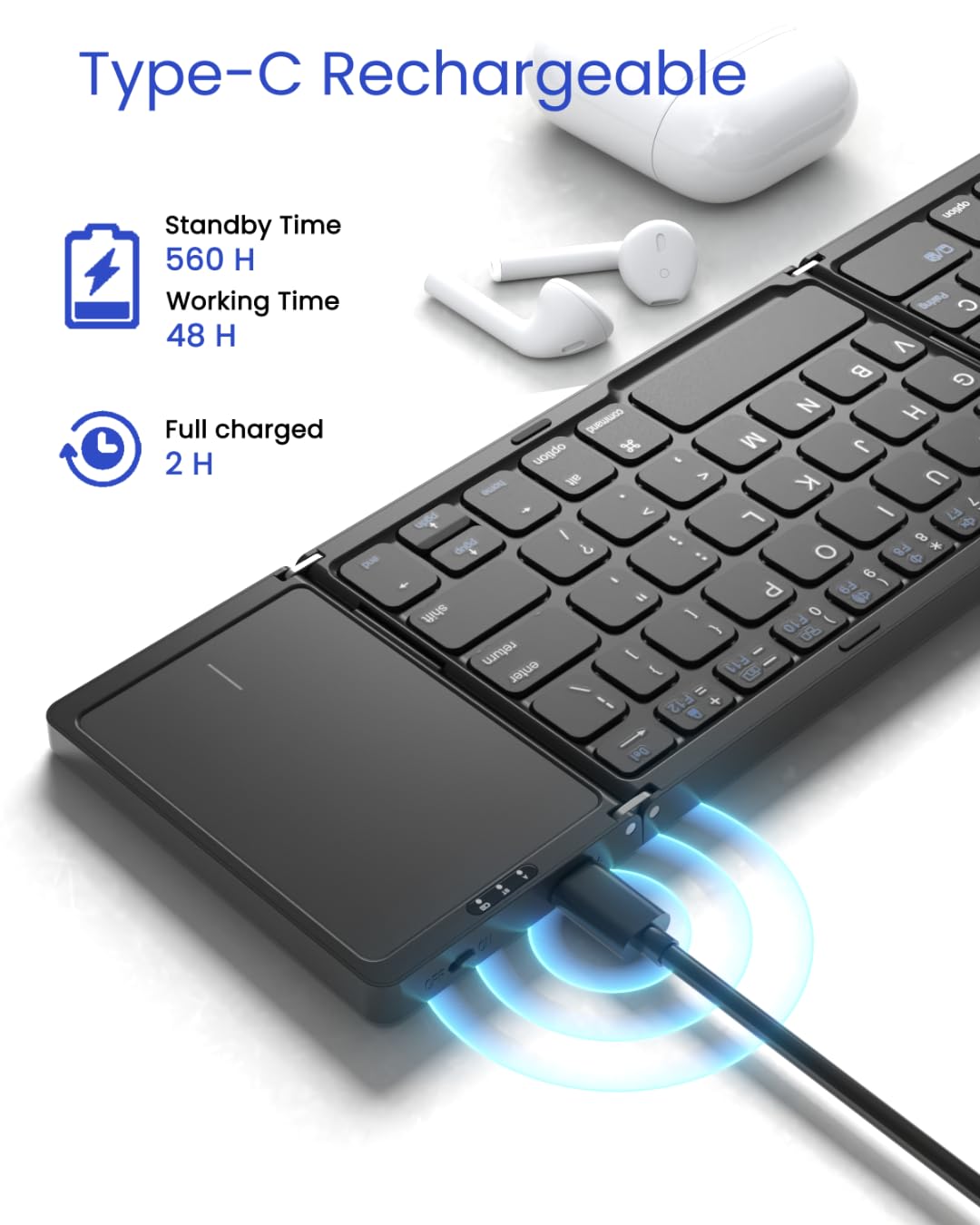 Artciety Foldable Bluetooth Keyboard, Folding Portable Wireless Keyboard with touchpad,Travel Pocket Keyboard for iOS Android Windows Mac Smartphone Tablet & Laptop, Sync Up to 3 Devices, Black