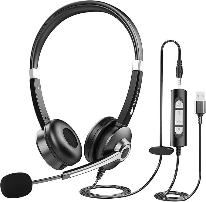 USB Computer Headset with Microphone for Laptop PC,3.5mm Wired Stereo Call Center Headset with Microphone Noise Cancelling, Corded Desktop Headphones with Mic & Mute for Office/Telework/Home/Zoom