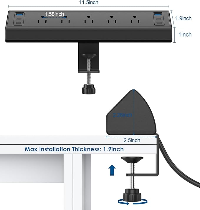 Desk Clamp Power Strip USB C,Under Desk Mount Power Station,20W Fast Charging,Fits 1.9'' Tabletop Edge,Desk Surge Protector,Perfect Home,Office Supplies (Black, 5 Outlets & 6 USB Ports & 10 FT Cable)