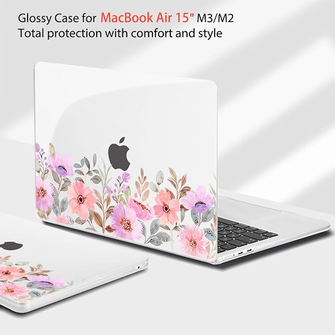 Teryeefi for M4 M3 M2 MacBook Air 15 Inch 2025 2024 2023 Case Model A3241 A3114 A2941 with Liquid Retina Display, Protective Plastic Hard Shell Cover with Keyboard Cover - Pink Flower Garden-A