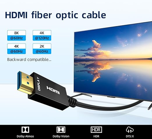 8K HDMI Fiber Optic Cable 65ft, 4K120 8K@60Hz HDMI 2.1 Cable, 48Gbps Ultra High Speed Slim HDMI Optical Audio Cable HDMI Cord, eARC HDR10 HDCP 2.2 Compatible with PS5 Xbox TV Projector