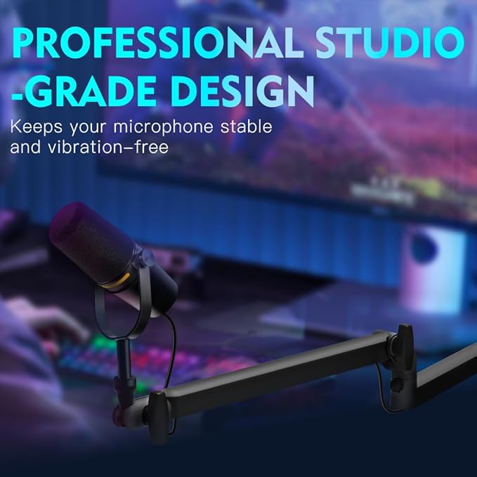 Low Profile Mic Arm 15cm Extra Riser Adjustable Mic Boom Arm Metal Desk Mounted Microphone Stand Cable Management Flexible Microphone Holder for Podcast Streaming Gaming Desktop