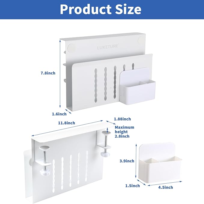 LUKETURE Laptop Holder, Steel Desk Side Storage, No Drill Standing Desk Accessories, Clamp on Laptop Mount with Pen Holder, Fits Flat Edge Tables 0.3" to 2.8" (White, M(1 Tier))