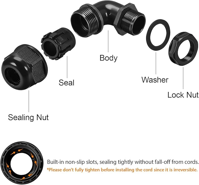 LeMotech M25 Cable Gland, 90 Degree Adjustable 13-18mm Strain Relief, Cord Connectors Nylon Joints with Gaskets, 2 Pcs, Black