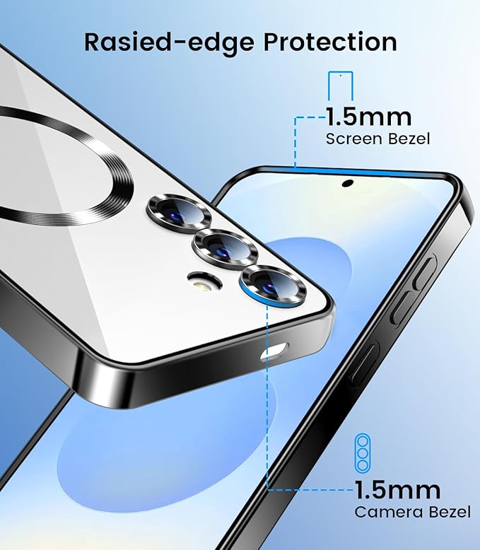 Slim Thin for Samsung Galaxy S25 Case, Compatible with MagSafe, Built-in Camera Lens Protector, Shockproof Protective Phone Case, Soft Electroplated Clear Phone Cover, Black