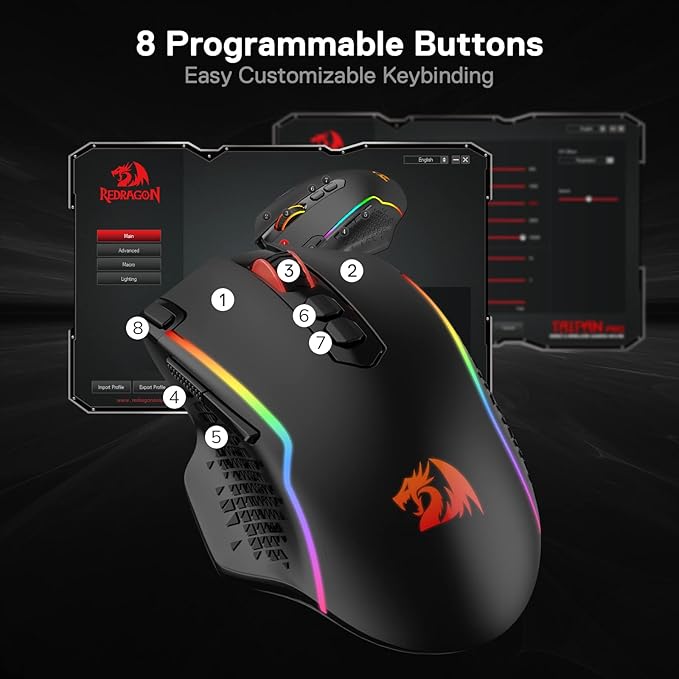 Redragon M810 Pro Wireless Gaming Mouse, 10000 DPI Wired/Wireless Gamer Mouse w/Rapid Fire Key, 8 Macro Buttons, 45-Hour Reliable Power Capacity and RGB Backlit for PC/Mac/Laptop