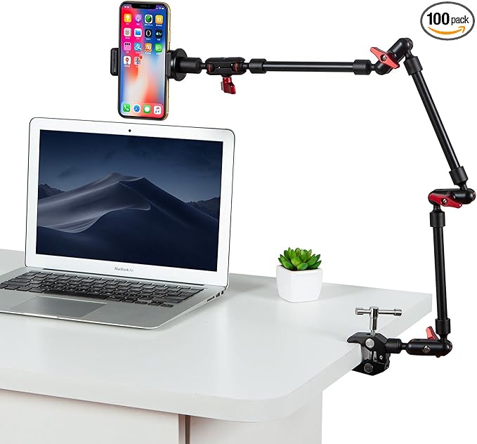 Adjustable Articulating Magic Arm with Clamp and Phone Holder Clip for Desk Mount, Desk Stand, Cell Phone Tripod