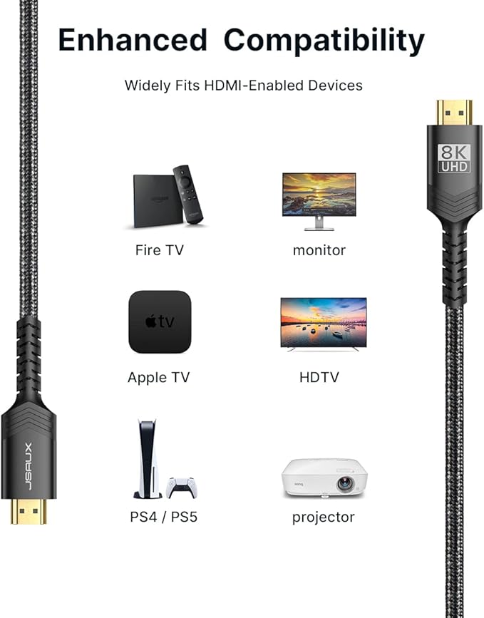 JSAUX HDMI Cables 2.1 2-Pack 6FT, 48Gbps 8K & 4K Ultra High Speed Braided HDMI Cable, 4K@120Hz 144Hz, 8K@60Hz, HDCP 2.2 & 2.3, HDR 10, eARC Compatible with Laptop Monitor UHD TV PS5 PS4 Dolby -Black