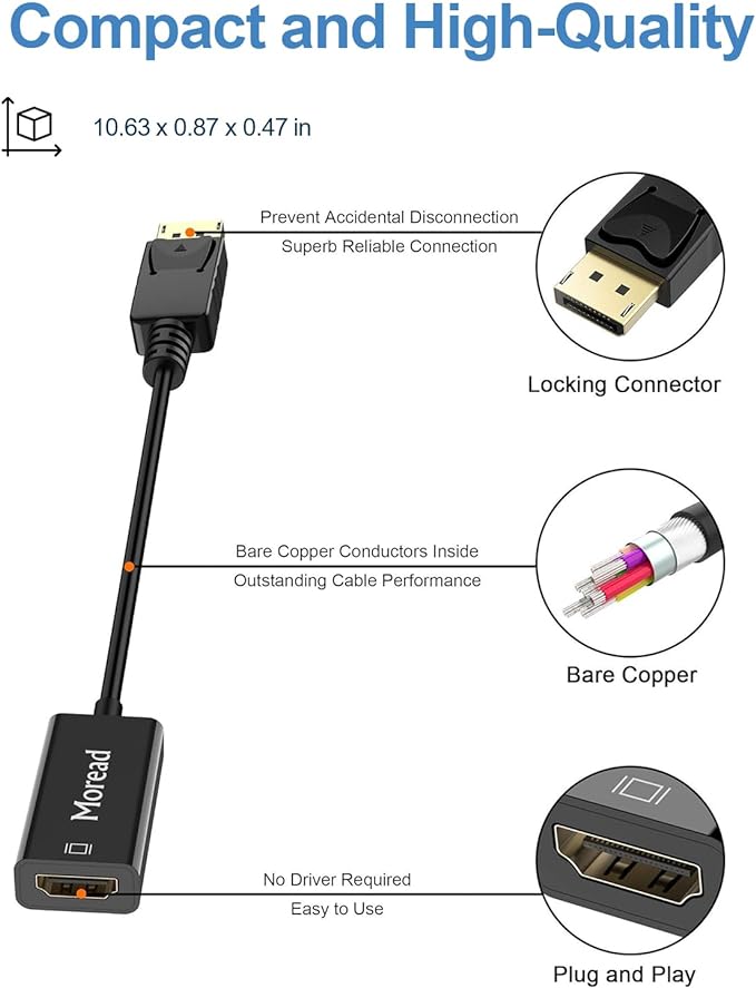 4K DisplayPort (DP) to HDMI Adapter, 10 Pack, Uni-Directional Gold-Plated Display Port Computer to HDMI Screen Converter (Male to Female) Compatible with HP, Dell, Lenovo & More, Passive -Black