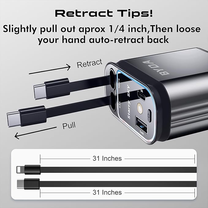 4 in 1 Retractable Car Charger for iPhone,69W USB-C Fast Car Charger with Starry Light, for Car Charger Adapter iPhone16/15/14/13/12,Android,Pixel,Cigarette Lighter Adapter(ForLightning+USB-C)
