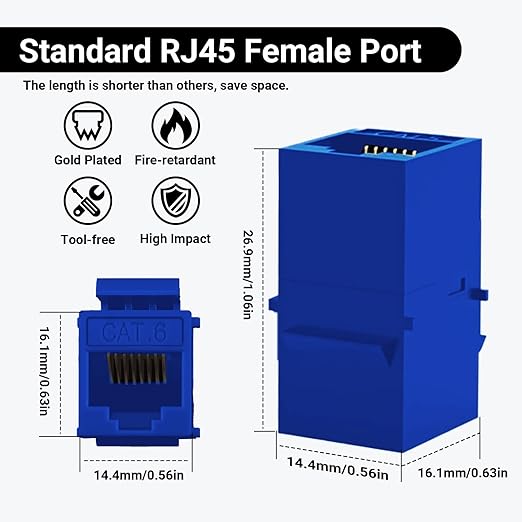 Cat6 RJ45 Keystone Coupler 25-Pack, Ethernet Coupler Female to Female, Ethernet Cable Extender UTP Inline Cat6 Keystone Jacks for Wall Plates & Patch Panels – Blue