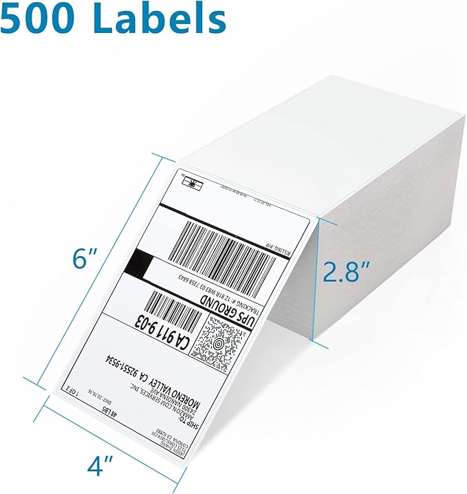 JADENS Thermal Labels 4x6-500 Labels, Compatible with Rollo, Brother, Zebra and Most Thermal Printer, Perforated, Commercial Grade, Doesn't Compatible with Dymo