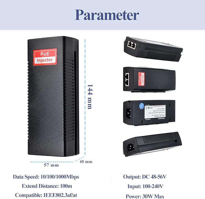 Revotech 30W PoE Injector Adapter Gigabit, IEEE 802.3 at/af 48V DC Passive POE+ RJ-45 10/100/1000Mbps, up to 100 Meters (328 Feet), Plug and Play