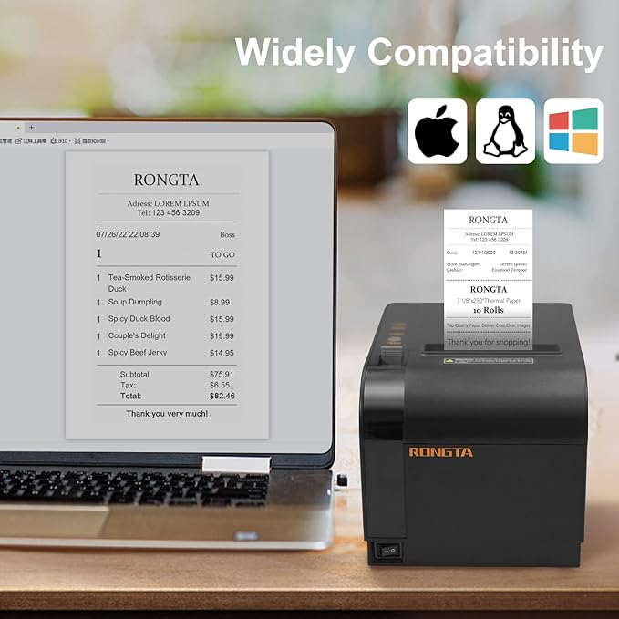 Rongta Thermal Receipt Printer, 80mm Receipt Printers, Thermal Pos Printer with Auto Cutter Support Cash Drawer,USB Serial Ethernet Support ESC/POS, Compatible with Windows/Mac/Linux