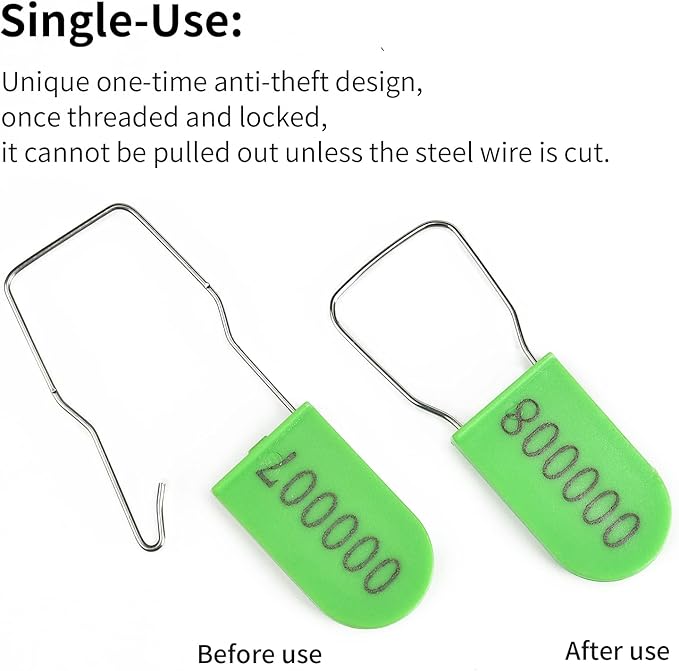 100PCS Plastic Padlock Security Seals Metal Wire Padlocks Electric Meter Lockout Tags Self-Locking Numbered Anti Tamper Seal Tags Green