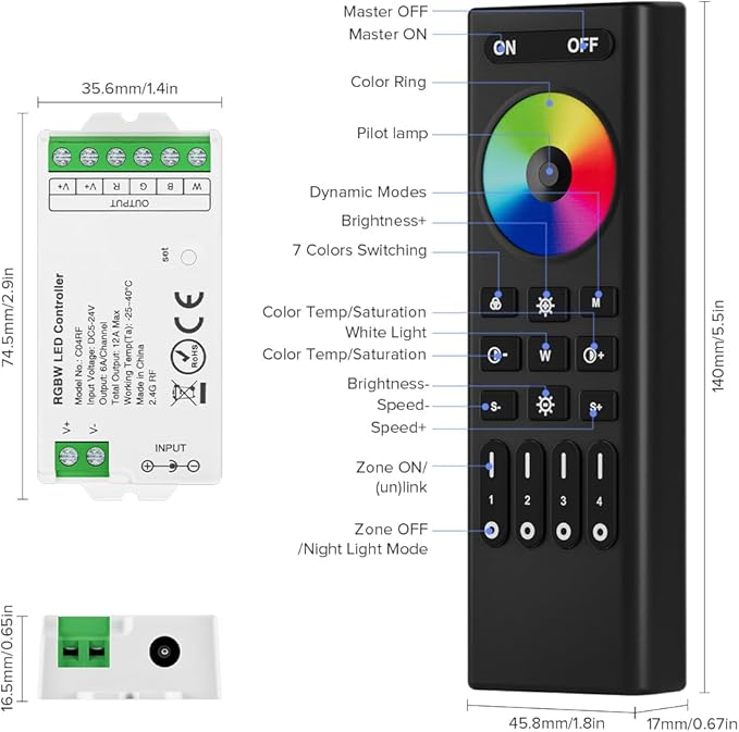 BTF-LIGHTING 2.4GHz Wireless RF Remote RC03RFB &4PCS C04RF Tuya Controller Kit 4 Zones Group Control 5050SMD FCOB COB PWM RGBW (+ R G B W) 5pin LED Strip DC5V DC12V DC24V