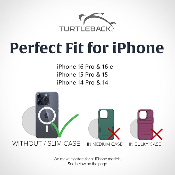 Turtleback Belt Clip for iPhone 16 Pro, 16e, 15 pro 14 Pro 13 Pro -Small- Fits w/Slim MagSafe Style Cases - Premium Black Leather, Horizontal Belt Holder, Magnetic Closure HD Rotating Belt Clip