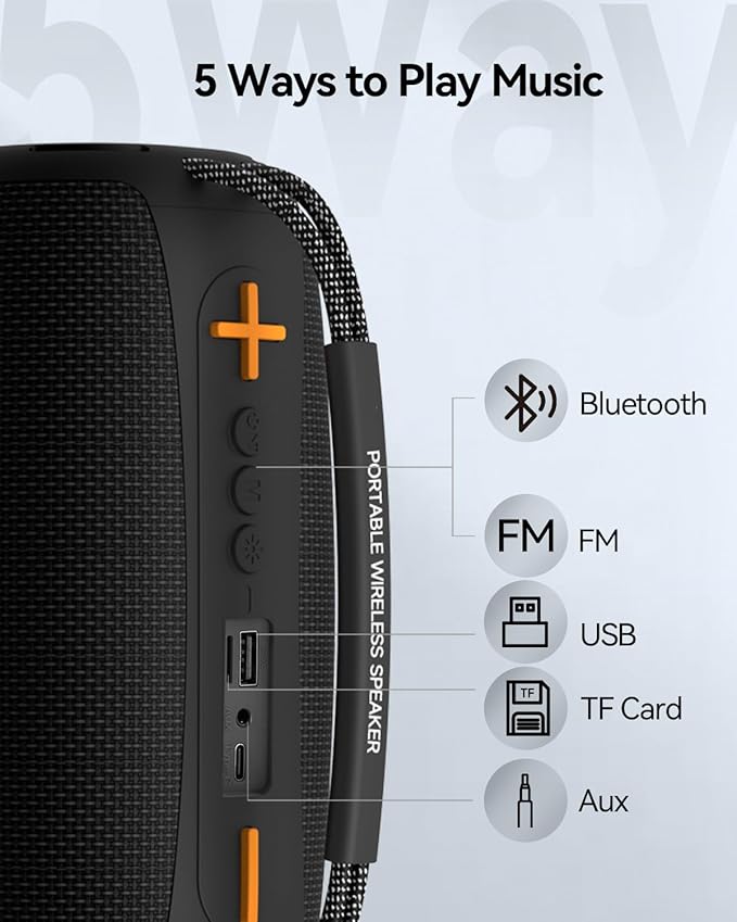 Portable Bluetooth Speaker with Light, Loud Sound and Deep Bass, IPX6 Waterproof, Up to 18H Playtime, TWS Pairing, Support Bluetooth/AUX/USB/TF Card for Home, Party, Outdoor and Travel (Black)