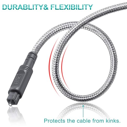 EMK Digital Optical Audio Cable Toslink Cable - [Cotton Braided Jacket,Durable and Flexible] Fiber Optic Cord for Home Theater, Sound bar, TV, PS4, Xbox & More (6.6Feet/2M)