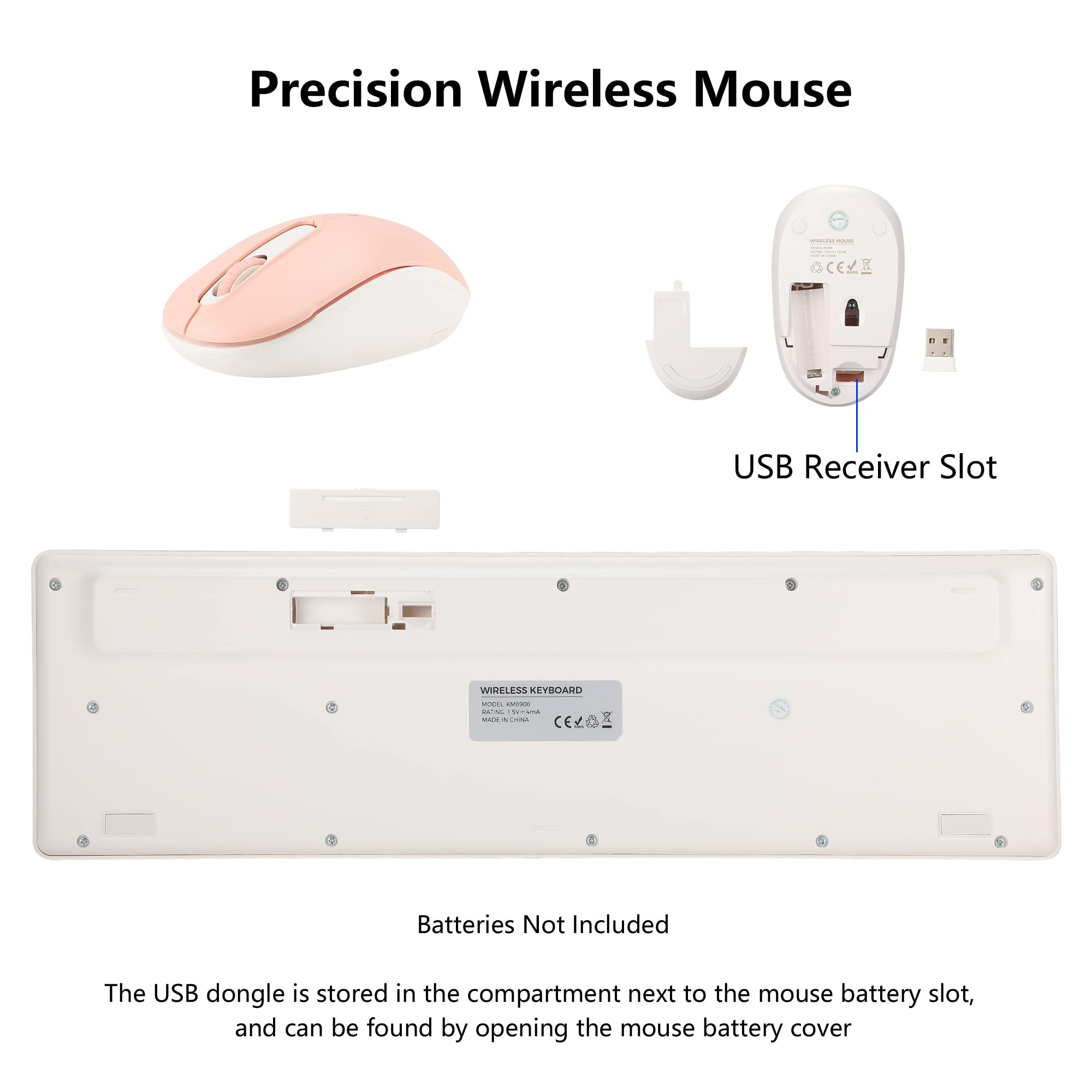 Wireless Keyboard and Mouse Combo, 2.4G Silent Cordless Keyboard Mouse Combo for Windows Chrome Laptop Computer PC Desktop, 106 Keys Full Size with Number Pad, 1600 DPI Optical Mouse (Pink)