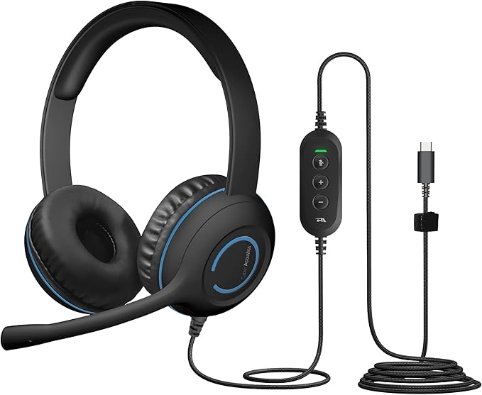 Cyber Acoustics USB-C Stereo Headset (AC-5014-10) – Durable, Crisp, and Clear Communication in Classrooms and at Home; in-Line Controls for Volume and Mic Mute - 10 Pack