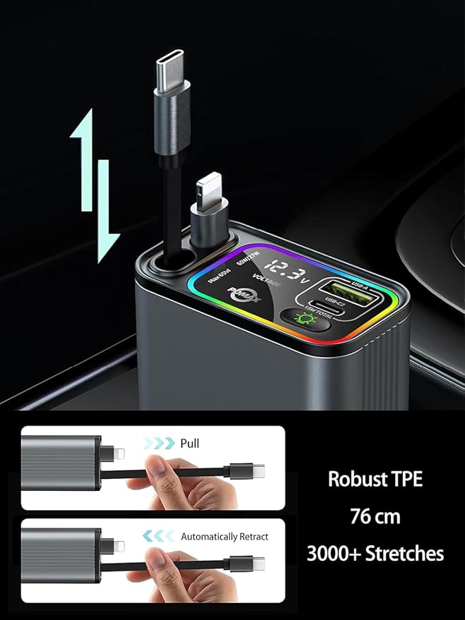 Retractable Car Charger USB C,107W Type C Car Charger Fast Charging with Dual Retractable Cable and USB Ports, Compatible with iPhone 16/15/14/13,S25/24/23/22, Pixel 9/8/7