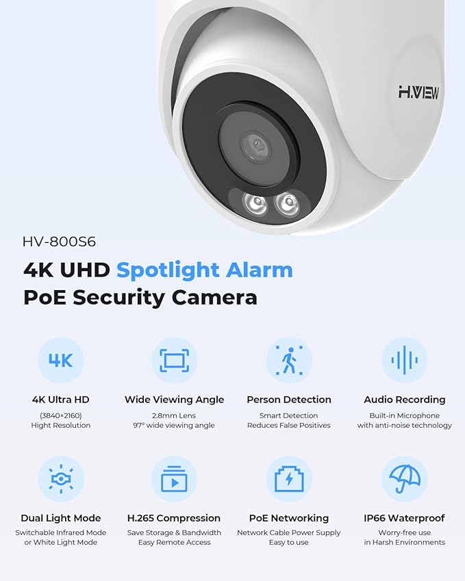 H.VIEW 4K/8.0 Megapixel PoE Outdoor Home Security Camera System Wired Outdoor Video Surveillance IP Cameras System，Ultra Wide-Angle &Audio，8CH NVR 4TB HDD