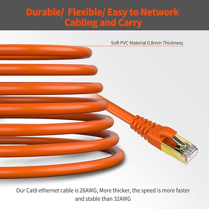CAT 8 Ethernet Cable Shielded SFTP Internet Network Patch Cord, Heavy Duty High Speed LAN Cables w Gold Plated RJ45 Connector Professional for Router, Modem, Gaming, Xbox (6 Feet, 5 Pack Orange)