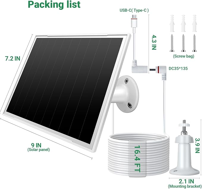 2-Pack Solar Panel Charger for Ring Camera, 8W High-Efficiency - Compatible with Ring Spotlight & Stick Up Cam Pro/Plus, 16ft Long Cable, 3.5mm to USB-C Adapter, IP65 Waterproof, White