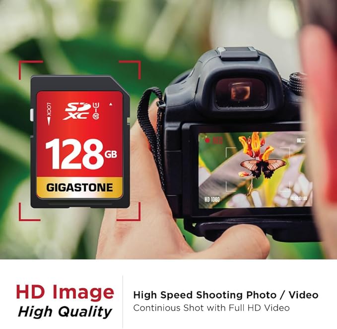 GIGASTONE 128GB SD Card UHS-I U1 Class 10 SDXC Memory Card Full HD Video for Canon Digital Camera, Full-Sized SD Card, with 1 mini case