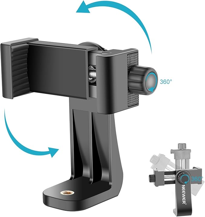 Neewer Smartphone Holder Phone Tripod Mount Compatible with iPhone 16 15 Pro Max Plus 14 13 12 Mini Samsung Galaxy S24 S23 Ultra, Cell Phone Clip Vertical Bracket Adapter for Tripod with 1/4" Screw