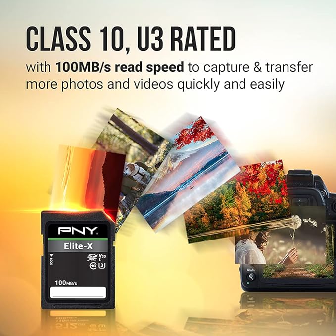 PNY 64GB Elite-X Class 10 U3 V30 SDXC Flash Memory Card - 100MB/s, Class 10, U3, V30, 4K UHD, Full HD, UHS-I, Full Size (Pack of 3)
