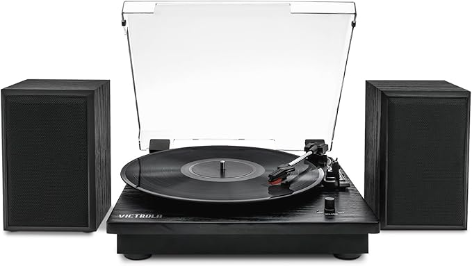 Victrola Montauk Vinyl Record Player, 3-Speed Belt Driven Turntable with Stereo Bluetooth Speaker Pair, RCA Output & 3.5mm Headphone Jack, Removable Dust Cover, Black Wood Finish