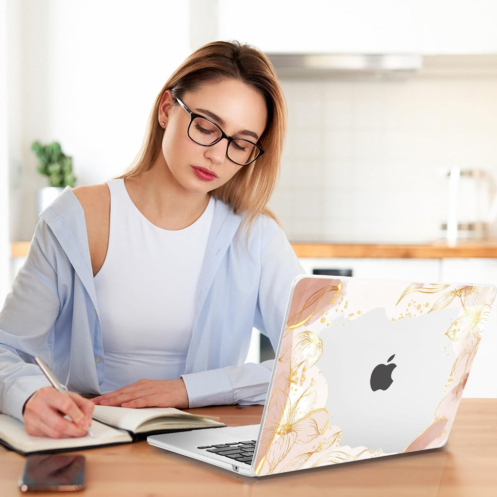 Teryeefi for MacBook Air 15 inch Case M4 M3 M2 Chip 2025 2024 2023 Released Model A3241 A3114 A2941, Designed Hard Shell Cover & Screen Protector & Keyboard Cover- Art Gold Floral Line
