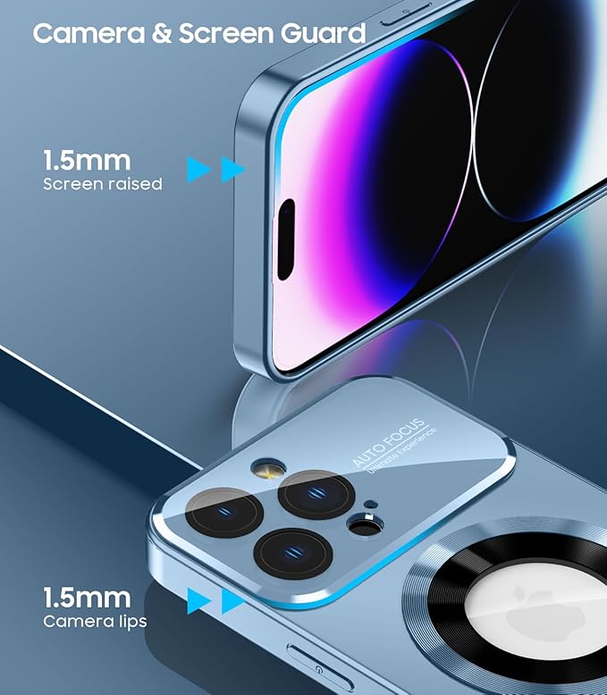 Magnetic for iPhone 14 Pro Max Case, Compatible with MagSafe, Built-in Camera Lens Protector, Logo View, Military Grade Drop Proof Phone Case Cover, Sierra Blue