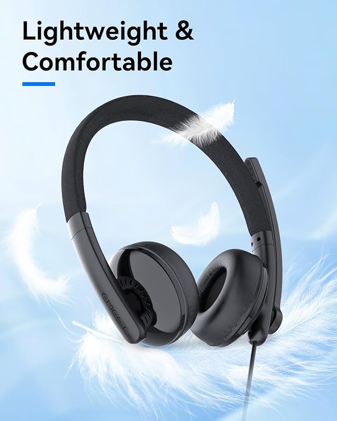 EMEET HS50 Wired Headset with Mic, On-Ear Computer Headphones with Noise Cancelling Microphone, USB-A/USB-C, Adjustable Design, in-line Control for Home Office Online Class Teams Zoom, All Day Comfort