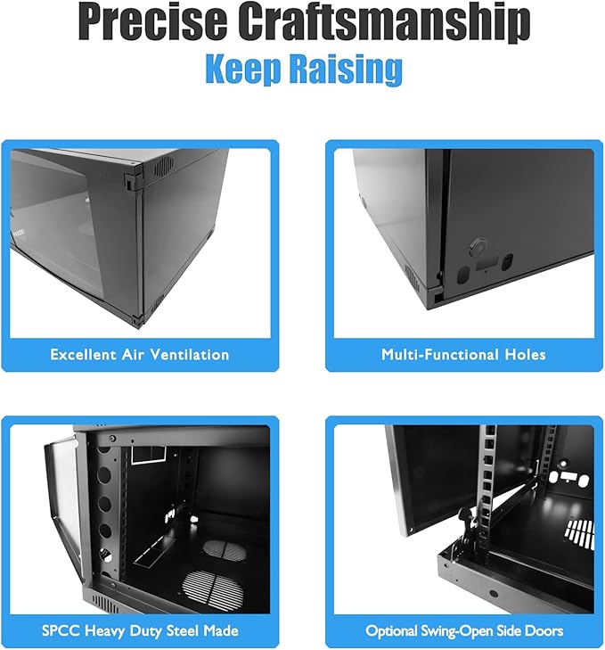 Raising Electronics Wall Mount Server Cabinet for Networking Data Home Video WiFi Internet System with 12 inch Install Depth (6U 450mm deep)